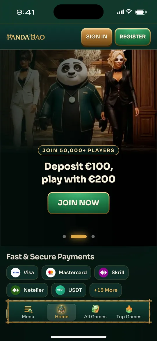The Panda Bao mobile site on an iPhone, with the install banner, the welcome offer and payment methods